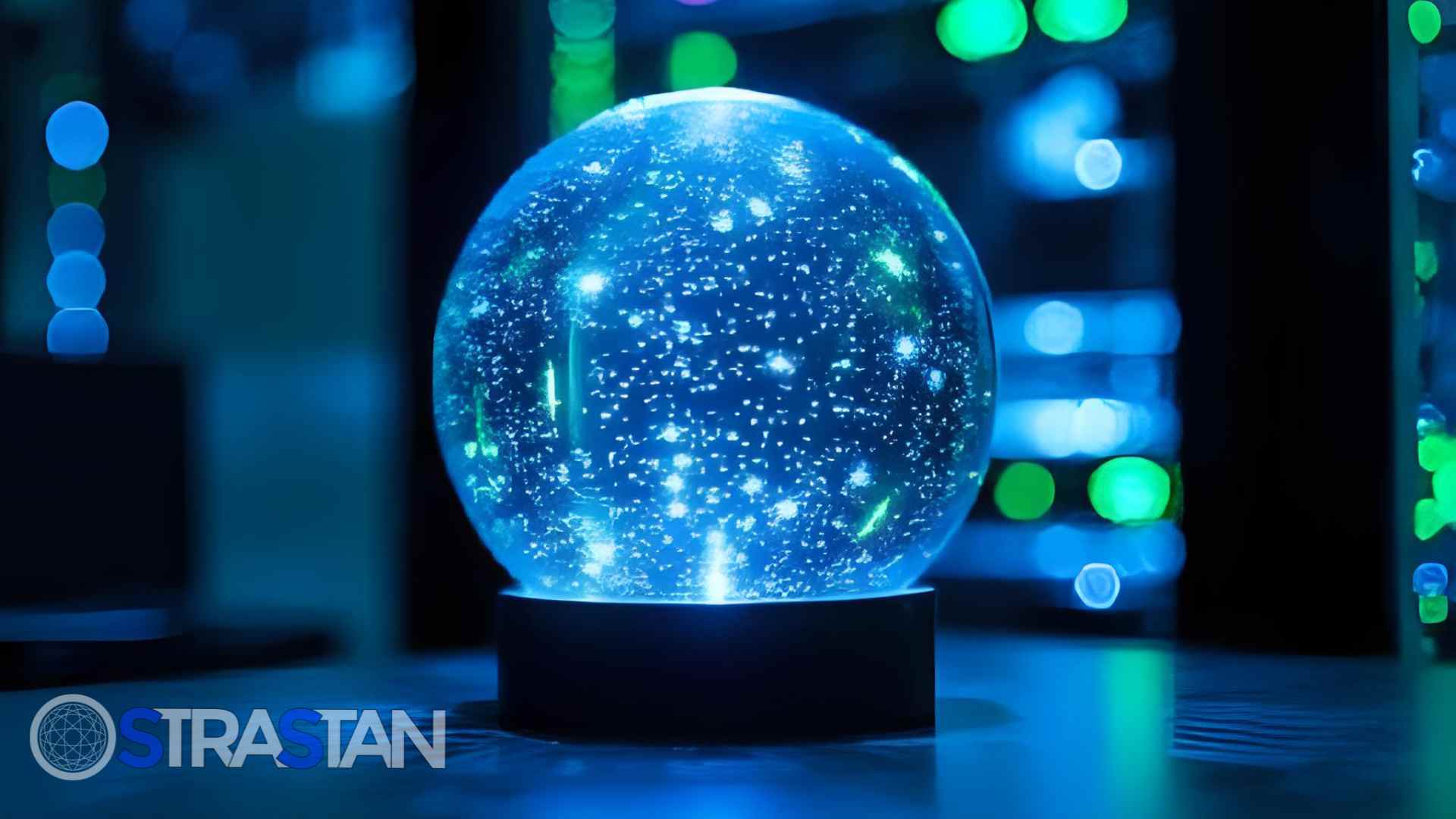 A glowing blue crystal ball filled with sparkling lights, symbolizing the powerful predictive analytics StraStan develops using AWS SageMaker, with the company logo in the corner.