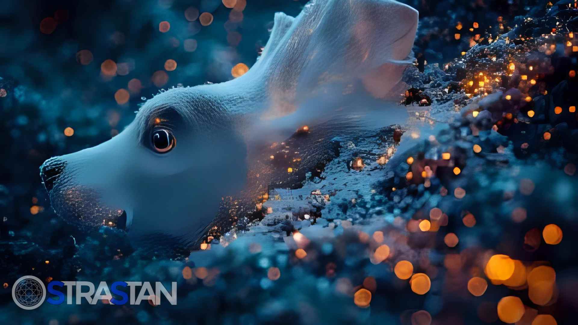 A beautifully rendered dog composed of light and ethereal particles, showcasing the creative and complex models StraStan can build and train using AWS SageMaker's advanced tools.