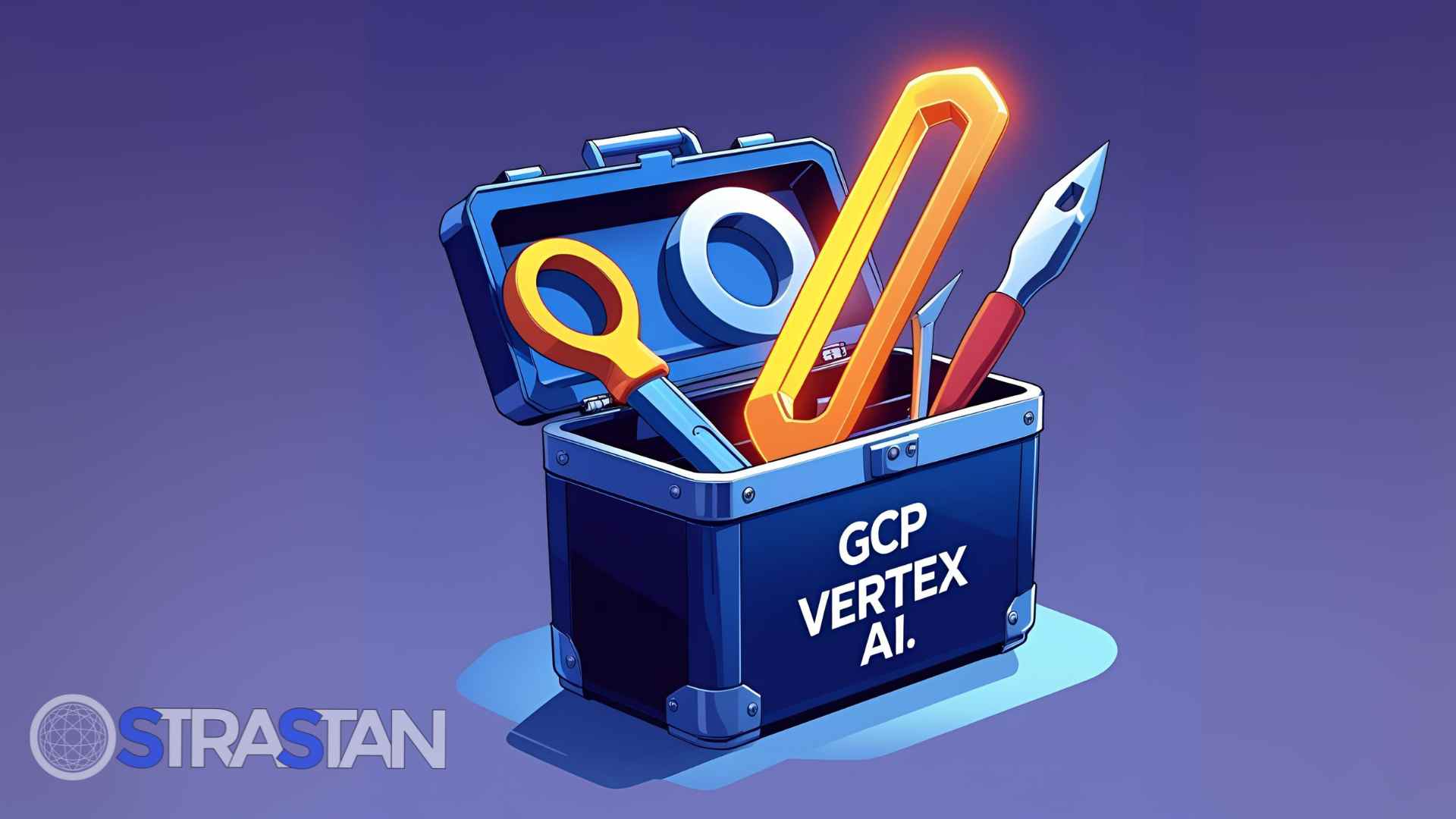 A vibrant blue toolbox labeled GCP Vertex AI filled with various tools, symbolizing the comprehensive, all-in-one platform StraStan uses for machine learning development.