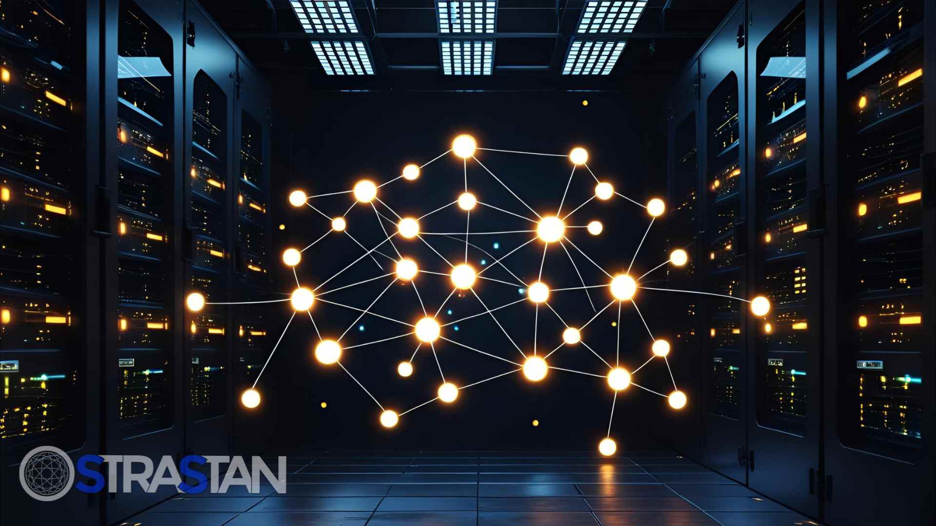  A glowing neural network floating between server racks, symbolizing how StraStan uses the diverse foundation models available through AWS Bedrock to build interconnected AI solutions.