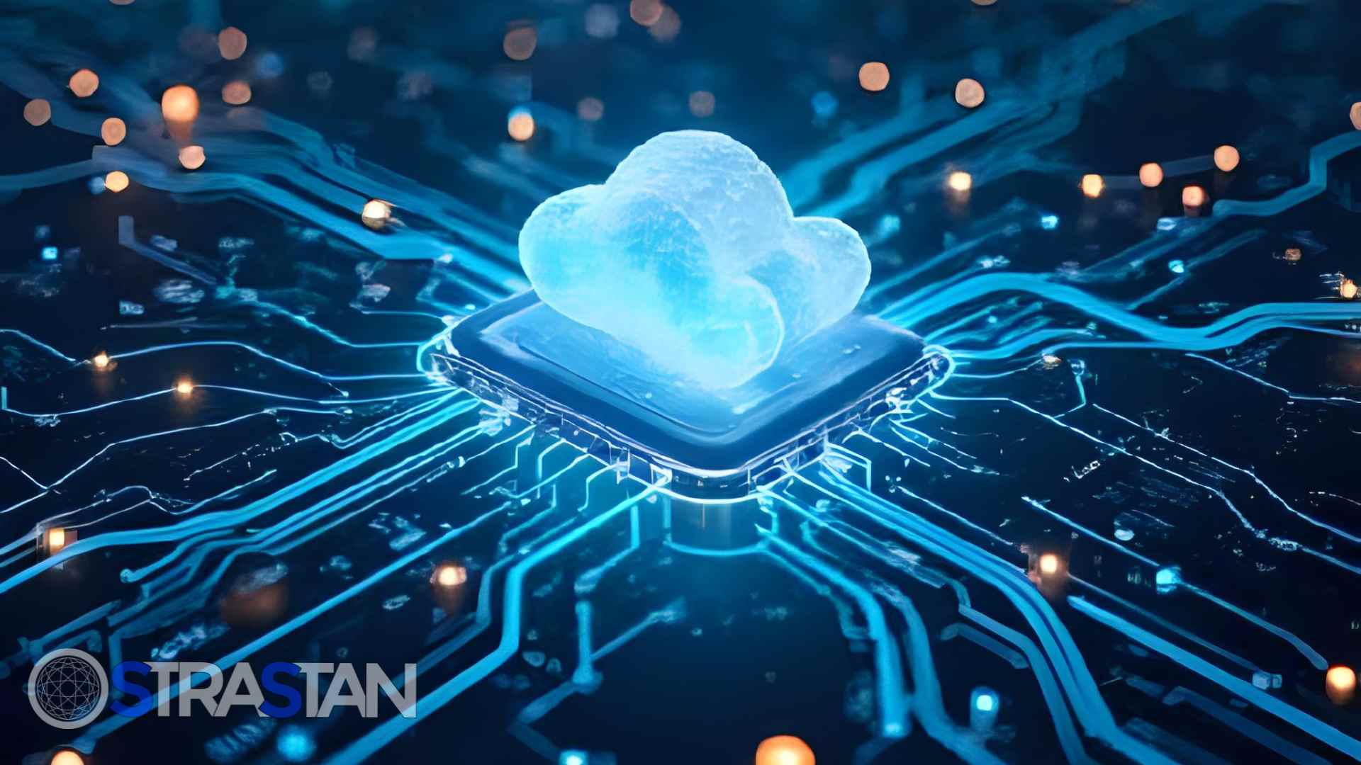 A glowing cloud icon resting on a computer chip, symbolizing the foundational cloud infrastructure provided by the AWS Startup Program.