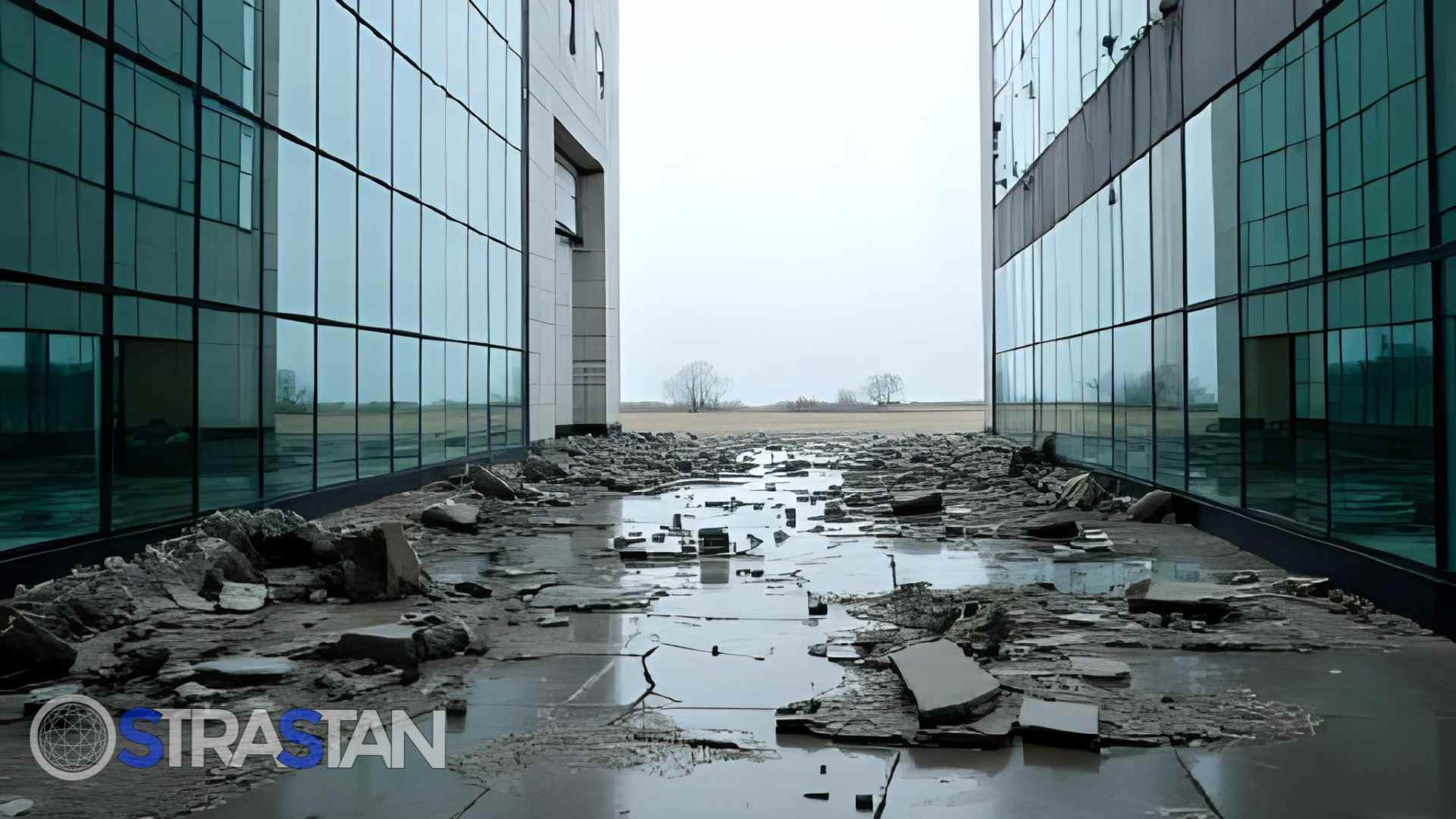 The crumbling foundation and debris between two modern buildings, representing the risks and instability of outdated legacy systems without cloud infrastructure modernization.
