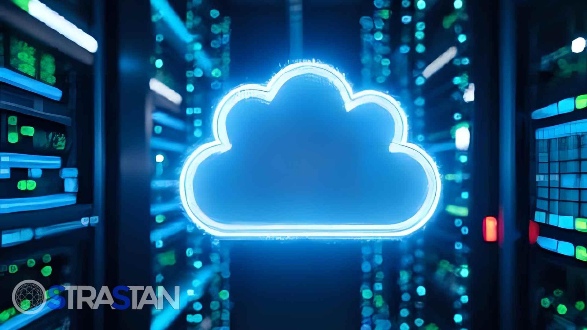 A bright blue, glowing cloud icon floats in a server room aisle, symbolizing the transition from legacy hardware to powerful cloud infrastructure modernization.