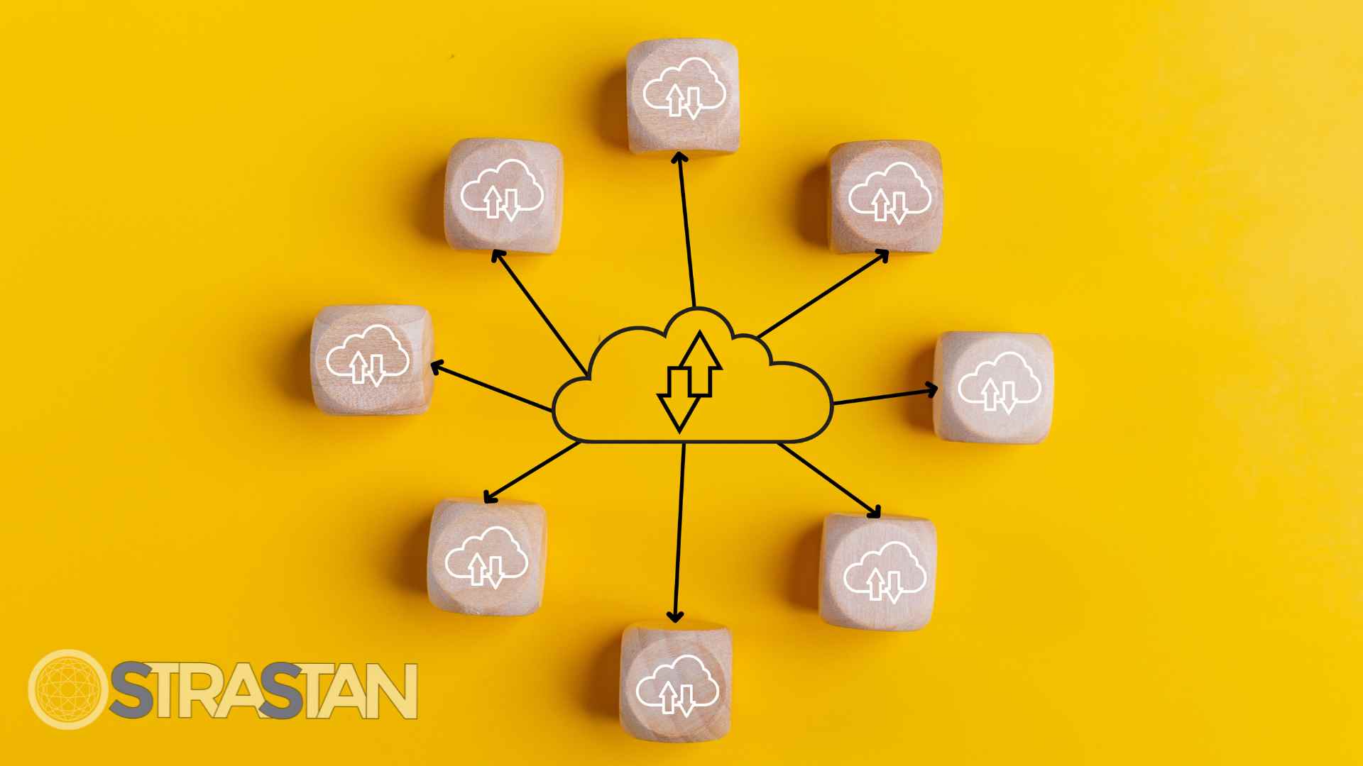 A central cloud icon connects to eight smaller cloud icons on wooden blocks, illustrating a strategic blueprint for cloud infrastructure modernization.