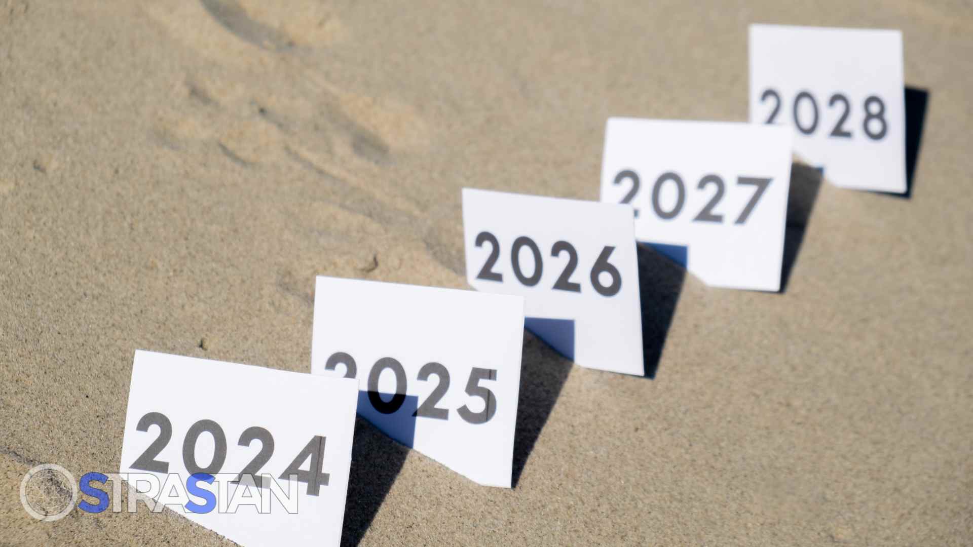 A series of cards with years 2024 through 2028 arranged like steps in the sand, illustrating a long-term roadmap created by thinking a decade forward.